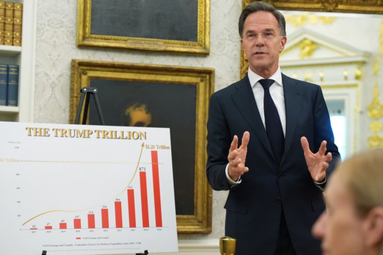 El secretario general de la OTAN, Mark Rutte, habla durante una reunión con el presidente de Estados Unidos, Donald Trump, en la Oficina Oval, en la Casa Blanca, el miércoles 24 de junio de 2026, en Washington. (AP Foto/Jacquelyn Martin)