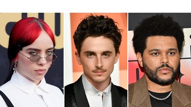 Esta combinación de fotos muestra a Billie Eilish, de izquierda a derecha, Timothée Chalamet y The Weeknd. (AP Photo)