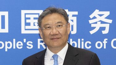 ARCHIVO - En esta fotografía difundida por el Departamento de Asuntos Extranjeros y Comercio, el ministro chino de Comercio, Wang Wentao, posa para la foto durante una reunión con su contraparte australiano Don Farrell, al margen de una reunión en Beijing, el 12 de mayo de 2023. (Michael Godfrey/Departamento de untos Extranjeros y Comercio vía AP, Archivo)