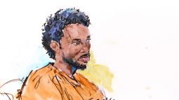 En este boceto de la sala del tribunal, se ve a David Anthony Burke, cuyo nombre artístico es D4vd, en el juzgado el jueves 23 de abril de 2026 en Los Ángeles, acusado de asesinar a una niña de 14 años cuyo cuerpo desmembrado fue encontrado en su coche. (Bill Robles via AP)