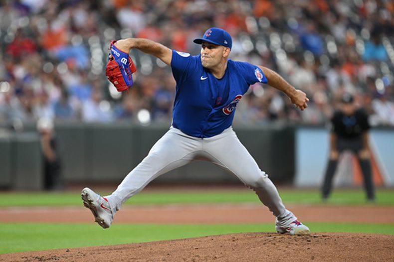 El lanzador de los Cachorros de Chicago, Matthew Boyd, realiza un lanzamiento contra los Orioles de Baltimore en la primera entrada de un partido de béisbol de la MLB, el martes 7 de julio de 2026, en Baltimore, Maryland. (Foto AP/Gail Burton)