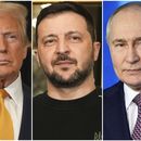 ARCHIVO - En esta combinación de fotografías de archivo, el presidente estadounidense Donald Trump, izquierda, y el mandatario ucraniano Volodymyr Zelenskyy, al centro, están en el Palacio del Elíseo, el 7 de diciembre de 2024 en París, mientras que, a la derecha, el presidente ruso Vladímir Putin participa en un Foro de Tecnología el 21 de febrero de 2025, en Moscú. (AP Foto/Aurelien Morissard, izquierda y centro, Pavel Bednyakov, derecha, archivo)