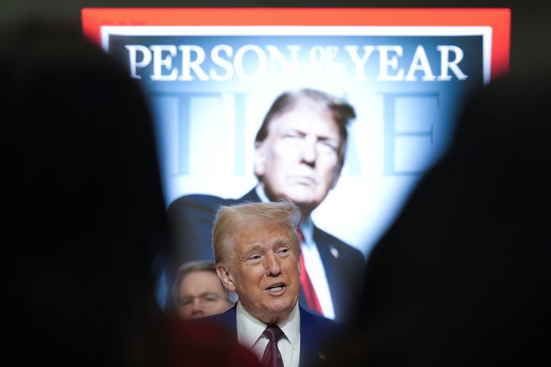 El presidente electo de EEUU Donald Trump habla durante el evento Persona del Año de la revista Time en la Bolsa de Nueva York, el jueves 12 de diciembre de 2024, en Nueva York. (Foto AP/Alex Brandon)
