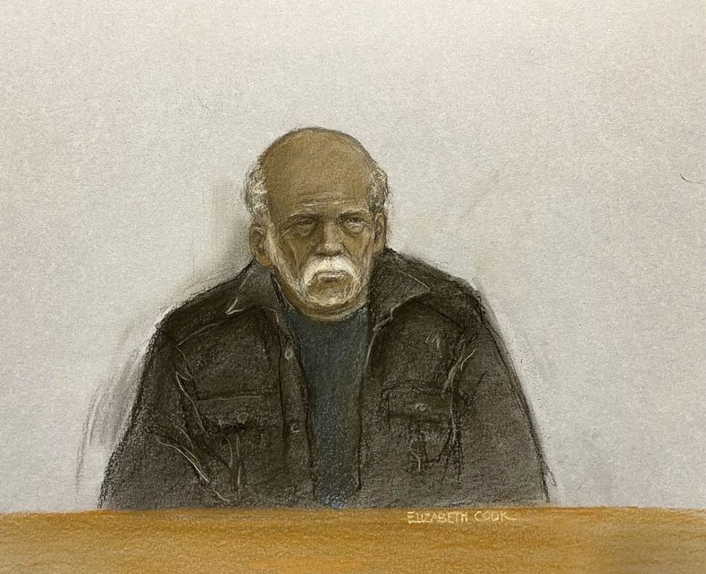 ARCHIVO – En este dibujo elaborado por Elizabeth Cook, artista del tribunal, aparece Ryland Headley, de 92 años, en su comparecencia por enlace de video ante el Tribunal de Magistrados de Bristol, el 20 de noviembre de 2024. (Elizabeth Cook/PA vía AP, archivo)
