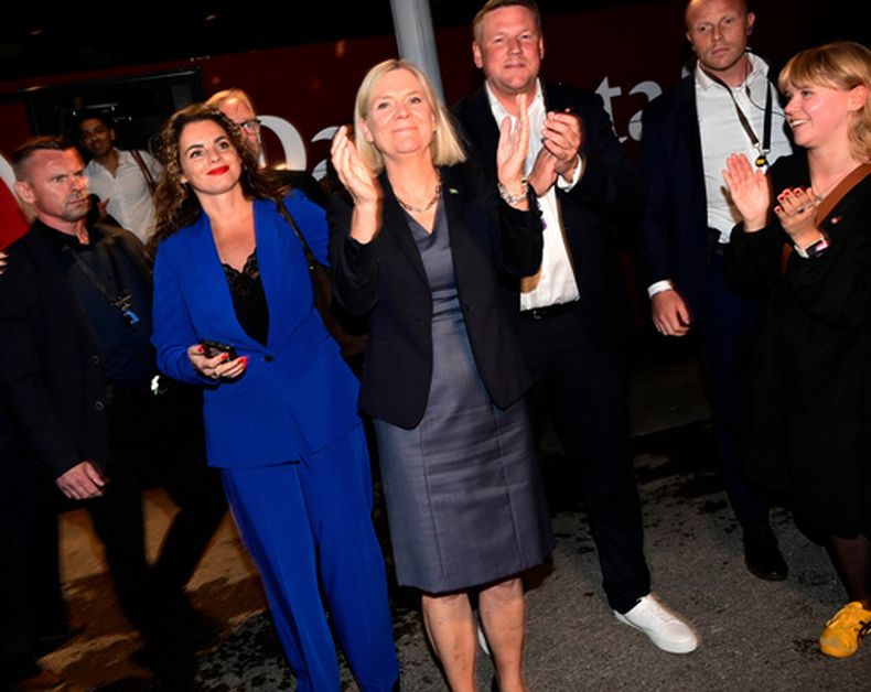 La líder de los socialdemócratas suecos, Magdalena Andersson, llega a la fiesta electoral del partido en Estocolmo, Suecia, el domingo 13 de septiembre de 2026. (Jonas Ekstroemer/TT News Agency via AP)