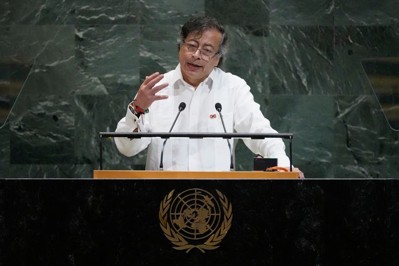 El presidente de Colombia, Gustavo Petro Urrego, se dirige al 80mo periodo de sesiones de la Asamblea General de las Naciones Unidas, el martes 23 de septiembre de 2025, en la sede de la ONU. (AP Foto/Pamela Smith)