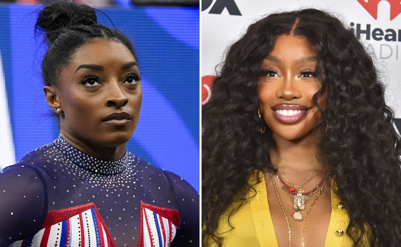 Esta fotografía combinada muestra a la gimnasta Simone Biles en las Pruebas Olímpicas de Gimnasia de Estados Unidos el 30 de junio de 2024 en Minneapolis, izquierda, y a SZA en los Premios iHeartRadio Music el 1 de abril de 2024 en Los Ángeles. (Foto AP)