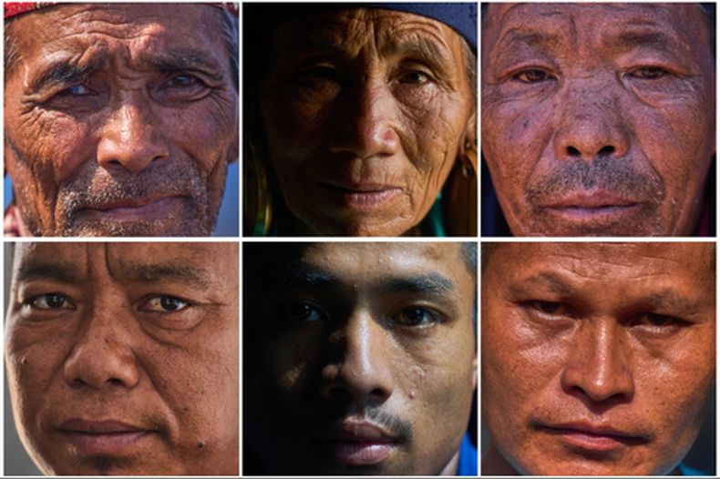 Esta combinación de seis posados muestra, desde la esquina superior izquierda, a Birbal Tamang, Nima Choying Tamang, Kancha Ghale, Norchi Ghale, Buddha Tamang, y Chheku Lama, sobrevivientes del sismo de 2015 y de las inundaciones repentinas de agosto de este año, en el distrito de Nuwakot, en Nepal, el 23 de septiembre de 2026. (AP Foto/Niranjan Shrestha)