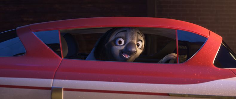 Esta imagen publicada por Disney muestra a Flash Slothmore, con la voz de Raymond S. Persi, en una escena de Zootopia 2. (Disney via AP)