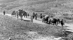 ARCHIVO - Un grupo de refugiados palestinos caminan de Jerusalén a Líbano con sus pertenencias el 9 de noviembre de 1948. (AP Foto/Jim Pringle, Archivo)