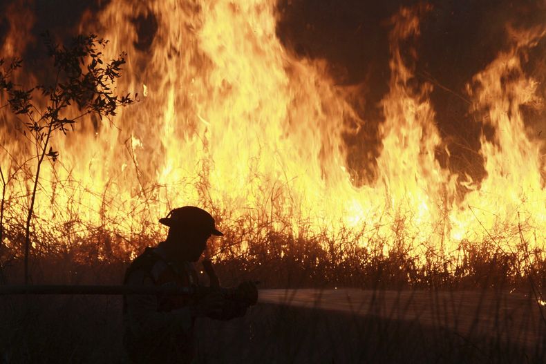 Un agente de policía arroja agua en un intento de sofocar un incendio que arrasa un campo en Ogan Ilir, en Sumatra del Sur, Indonesia, el 20 de julio de 2025. (AP Foto/Muhammad Hatta)