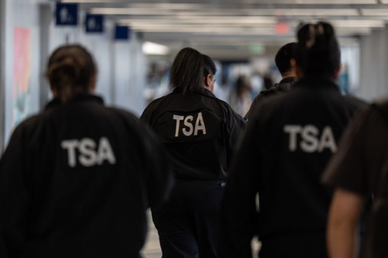 Agentes de la Administración de Seguridad en el Transporte caminan por una terminal del Aeropuerto Internacional de Los Ángeles, el viernes 27 de marzo de 2026. (AP Foto/Jae C. Hong)