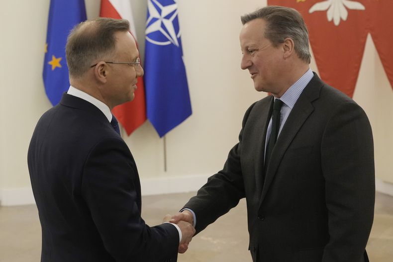 El presidente de Polonia, Andrzej Duda, recibe al canciller británico, David Cameron, en el palacio presidencial, en Varsovia, el 15 de febrero de 2024. (Foto AP/Czarek Sokolowski)