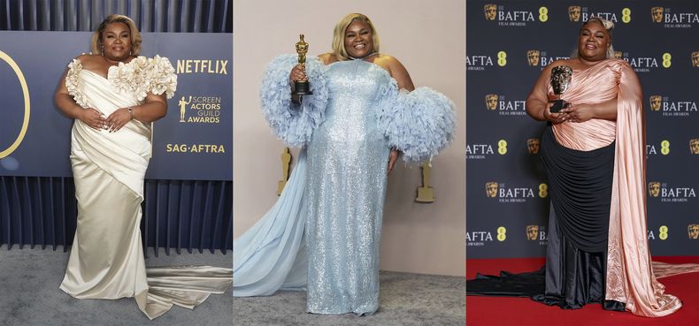 Esta combinación de fotografías muestra a DaVine Joy Randolph en un vestido marfil de corte sirena en la 30a entrega de los Premios del Sindicato de Actores de la Pantalla en Los Ángeles el 24 de febrero de 2024, izquierda, Randolph con un vestido azul a la medida de Louis Vuitton con el premio a mejor actriz de reparto por The Holdovers en los Oscar en Los Ángeles el 10 de marzo, centro, y Randolph con un vestido durazno y negro de Robert Wun con el premio a mejor actriz de reparto por The Holdovers en los BAFTA en Londres el 18 de febrero de 2024. (Foto AP)