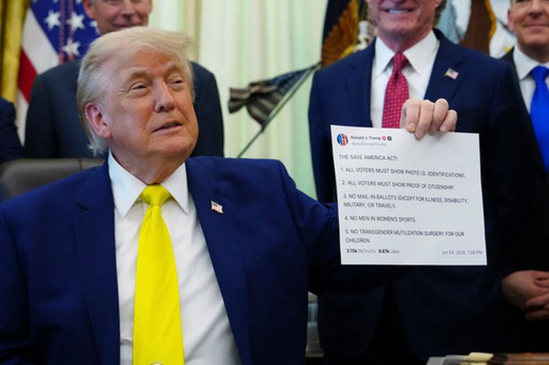 ARCHIVO - El presidente de Estados Unidos, Donald Trump, sostiene una imagen impresa de una publicación en su red social Truth Social en un acto sobre carbón, el jueves 4 de junio de 2026, en la Oficina Oval de la Casa Blanca en Washington. (AP Foto/Julia Demaree Nikhinson, Archivo)