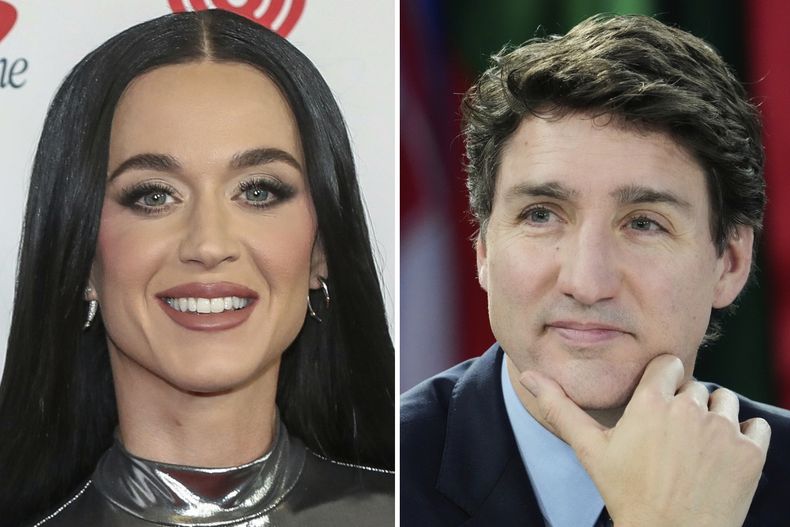 Esta combinación de imágenes muestra a la cantante Katy Perry en el Madison Square Garde, el 13 de diciembre de 2024, en Nueva York, y al ex primer ministro canadiense Justin Trudeau durante una conferencia de prensa el 24 de febrero de 2025, en Kiev, Ucrania. (Foto por Andy Kropa/Invision/AP, izquierda, y Frank Gunn/The Canadian Press vía AP, Archivo)