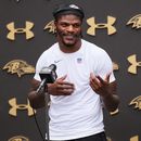 Lamar Jackson, quarterback de los Ravens de Baltimore, habla en una conferencia de prensa el miércoles 29 de julio de 2026 en Owings Mills, Maryland (AP Foto/Stephanie Scarbrough)