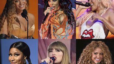 Esta combinación de fotografías muestra a las nominadas a artista del año en los Premios MTV a los Videos Musicales, fila superior de izquierda a derecha, Beyoncé, Doja Cat, Karol G, fila inferior de izquierda, Nicki Minaj, Taylor Swift y Shakira. Los premios se llevarán a cabo en el Prudential Center en Newark, Nueva Jersey, el martes 12 de septiembre de 2023 y serán presentados por Minaj (Foto AP)