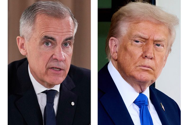 Esta combinación de imágenes muestra al primer ministro canadiense Mark Carney el 16 de junio de 2025 en Kananaskis, Canadá, a la izquierda, y al presidente estadounidense Donald Trump, el 7 de octubre de 2025, en Washington. (AP Foto/Mark Schiefelbein, izquierda, Jacquelyn Martin)