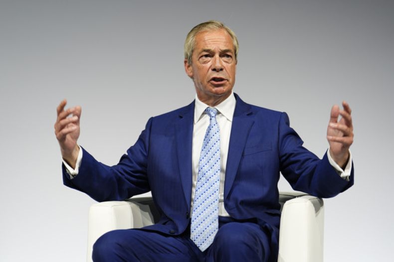 Nigel Farage, líder de Reform UK, en un evento en Olympia London, el 24 de junio del 2026. (Jordan Pettitt/PA via AP)