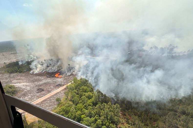 La fotografía, facilitada por la Oficina del Gobernador Brian Kemp, muestra el humo producido por un incendio forestal en el condado Brantley, Georgia, el viernes 24 de abril de 2026. (Oficina del Gobernador Brian Kemp vía AP)