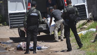 La policía observa cómo los forenses retiran cadáveres de una calle, en Culiacán, estado de Sinaloa, México, el martes 17 de septiembre de 2024. (AP Foto)