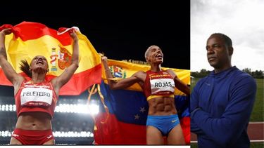 ivan pedroso detras de las medallas olimpicas de la venezolana  yulimar rojas y a espanola ana peleteiro