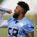 En foto del 26 de julio del 2023, el linebacker de los Titans de Tennessee Harold Landry III durante el campamento de entrenamiento del equipo. (AP Foto/George Walker IV)