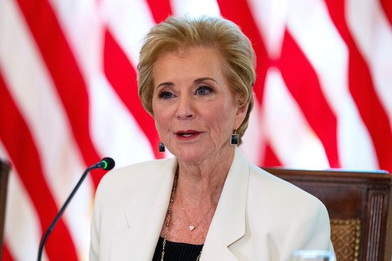 ARCHIVO – La secretaria de Educación de Estados Unidos, Linda McMahon, habla en una reunión en la Sala Este de la Casa Blanca, el 4 de septiembre de 2025, en Washington. (AP Foto/Alex Brandon, Archivo)