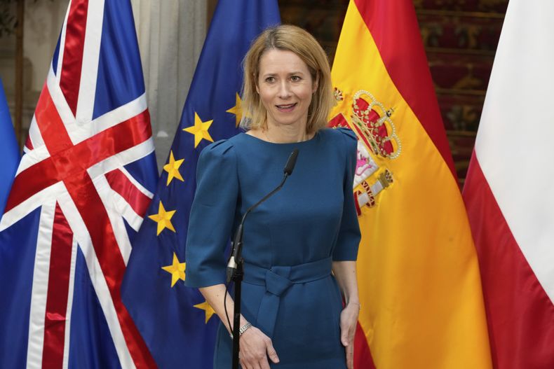 La comisionada de relaciones exteriores de la Unión Europea Kaja Kallas en una conferencia en Madrid el 31 de marzo del 2025. (AP foto/Paul White)
