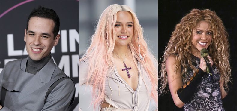 En esta combinación de fotografías, el productor y compositor Edgar Barrera, Karol G, y Shakira, quienes son algunos de los más nominados al Latin Grammy 2023. Barrera tiene 13 nominaciones, Karol G y Shakira 7 cada una. (Foto AP)