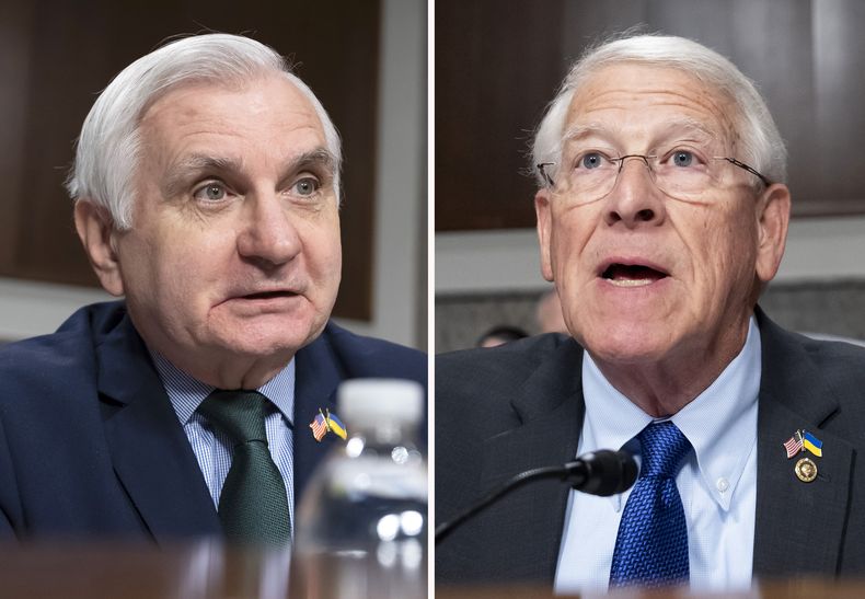 En esta combinación de fotos se muestra al demócrata Jack Reed, izquierda, y al republicano Roger Wicker, en una audiencia en el Capitolio en Washington, el 25 de febrero de 2025. (AP Foto)