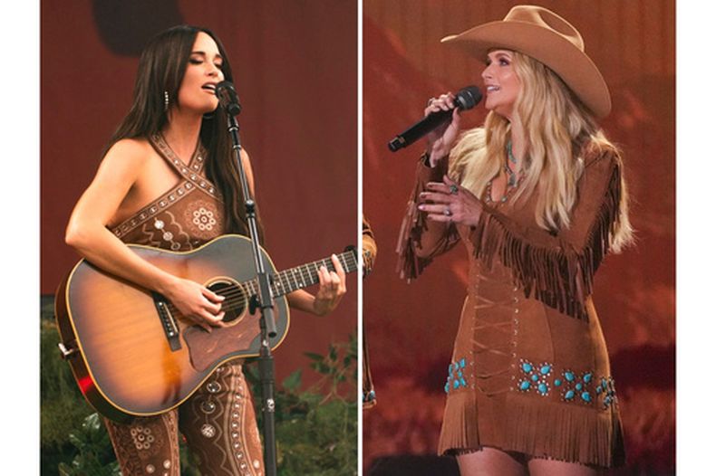 Kacey Musgraves actúa en el Festival de Jazz y Patrimonio de Nueva Orleans el 25 de abril de 2025 (izquierda), y Miranda Lambert actúa en la 60.ª edición de los Premios de la Academia de Música Country en Frisco, Texas, el 8 de mayo de 2025. (Foto AP)