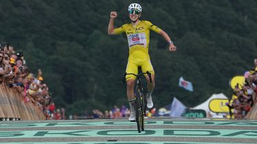 El esloveno Tadej Pogacar, con el maillot amarillo del líder de la carrera, celebra mientras cruza la meta de la 14ta etapa del Tour de Francia, con un recorrido entre Mulhouse y Le Markstein Fellering, Francia, el sábado 18 de julio de 2026. (AP Foto/Thibault Camus)