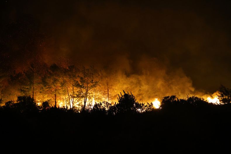 En esta imagen distribuida por la municipalidad de Antalya, un incendio arrasa un bosque cerca de Antalya, Turquía, el 7 de septiembre de 2026. (Municipalidad de Antalya vía AP)