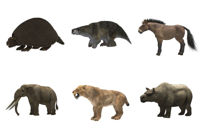 Esta combinación de ilustraciones proporcionadas por investigadores en 2024 muestra animales de gran tamaño que vivieron durante la prehistoria en América del Norte y del Sur. En la fila de arriba (de izquierda a derecha): un glyptpdon, un lestodon y un caballo. En la de abajo (de izquierda a derecha): un mastodonte, un smilodon y un toxodon. (Mauro Muyano vía AP)