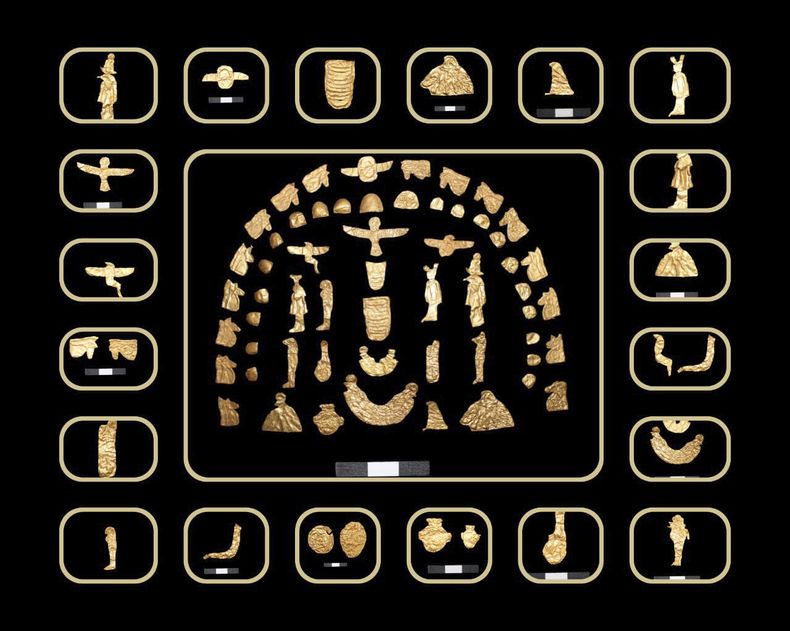 Esta imagen proporcionada por el Consejo Supremo de Antigüedades de Egipto muestra artefactos que fueron descubiertos dentro de tumbas en la necrópolis de Tell al-Deir, en el poblado de Damietta en el delta del Nilo, a unos 200 kilómetros (125 millas) al norte de El Cairo. ( Consejo Supremo de Antigüedades de Egipto vía AP)