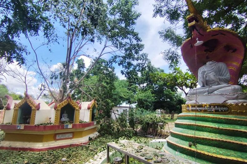 El monasterio budista atacado en la aldea de Swel Le Oh, distrito Myaung, región Sagaing, Myanmar, el 21 de agosto del 2026. (Ko Nway Oo via AP)