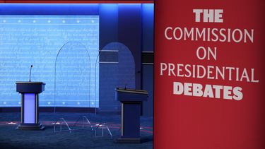 El escenario en la Universidad de Belmont en Nashville, Tennessee, antes del debate el 21 de octubre de 2020. (Foto AP/Patrick Semansky)