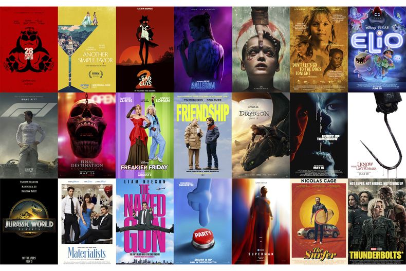 Esta combinación de fotos muestra el arte promocional de, fila superior de izquierda a derecha, 28 Years Later, Another Simple Favor, The Bad Guys 2, Bailarina, Bring Her Back, Dont Lets Go to the Dogs, Elio, segunda fila de izquierda a derecha, F1, Final Destination Bloodlines, Freakier Friday, Friendship, How to Train Your Dragon, Hurry Up Tomorrow, I Know What You Did Last Summer, y fila inferior de izquierda a derecha, Jurassic World Rebirth, Materialists, The Naked Gun, Smurfs, Superman, The Surfer y Thunderbolts. (Sony/Amazon/Universal/Lionsgate/A24/Sony Pictures Classics/Disney-Pixar/Warner Bros./Warner Bros./Disney/A24/Universal/Lionsgate/Sony/Universal/A24/Paramount/Paramount/Warner Bros./Roadside Attractions y Marvel-Disney vía AP)