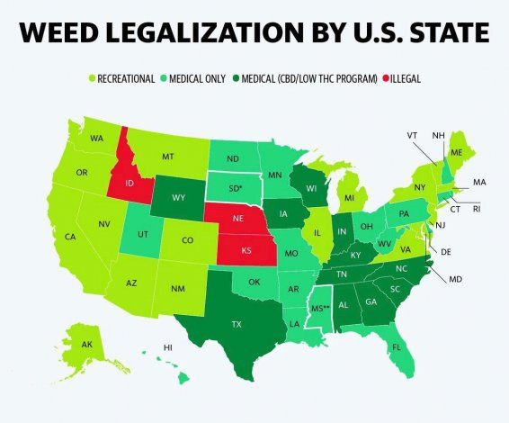 Mapa de la legalizacion del cannabis en Estados Unidos.