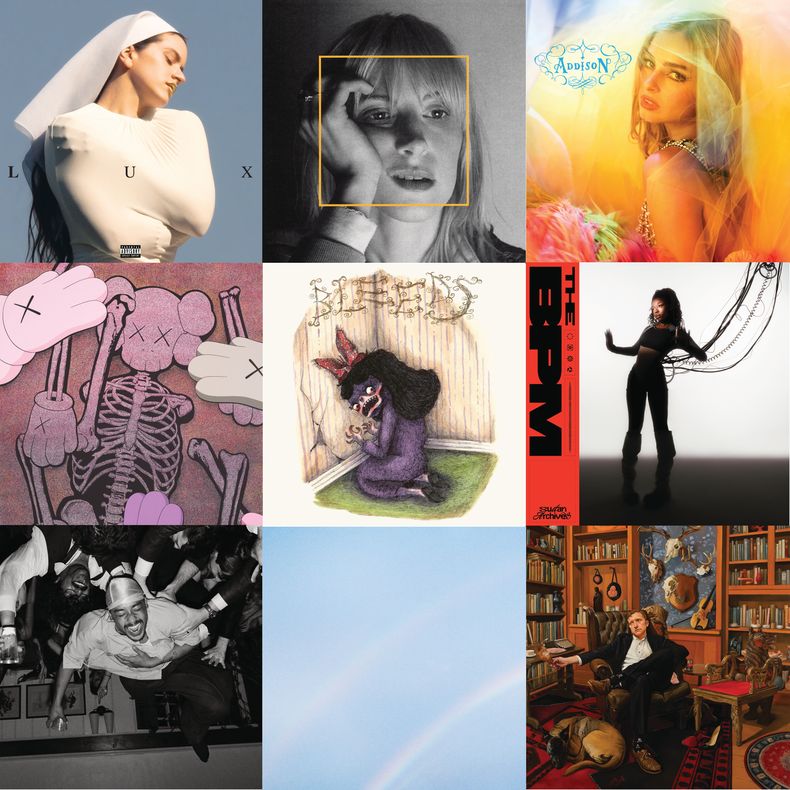 Esta combinación de portadas de álbumes muestra, en la fila superior desde la izquierda, LUX de Rosalía, Ego Death At a Bachelorette Party de Hayley Williams, Addison de Addison Rae, filade en medio de izquierda a derecha, Let God Sort Em Out de Clipse, Bleeds de Wednesday, The BPM de Sudan Archives, fila inferior de izquierda a derecha, Baby de Dijon, Never Enough de Turnstile, y Snipe Hunter de Tyler Childers. (Columbia/Post Atlantic/Columbia/Roc Nation/Dead Ocean/Stones Throw Records/R&R-Warner Records/Roadrunner Records/RCA via AP)
