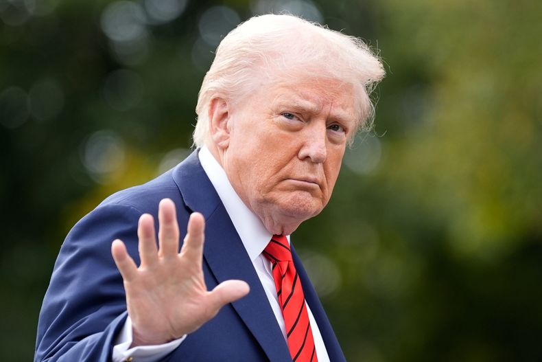 El presidente de Estados Unidos, Donald Trump, camina por el jardín sur de la Casa Blanca tras llegar en el Marine One, el viernes 10 de octubre de 2025, en Washington. (AP Foto/Alex Brandon)