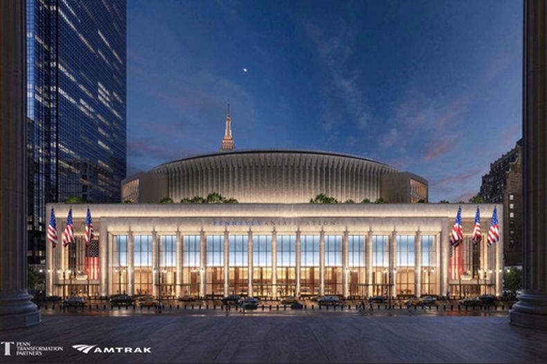Versión artística elaborada por Heller Inc. de la remodelación de la estación ferroviaria Pennsylvania Station en la ciudad de Nueva York. (Heller Inc. via AP)