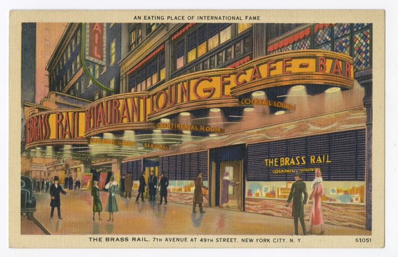 Esta imagen proporcionada por el Museo de la Ciudad de Nueva York muestra una postal de la década de 1930 llamada Un lugar para comer de fama internacional. Diseñado y publicado en Nueva York por Harry H. Baumann. Archivo de postales de Leonard A. Lauder. (Museum of the City of New York via AP)
