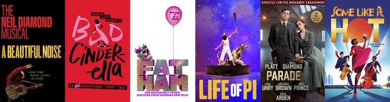 Esta combinación de fotografías muestra el arte promocional de A Beautiful Noise, The Neil Diamond Musical, de izquierda a derecha, Bad Cinderella, Fat Ham, Life of Pi, Parade y Some Like it Hot. (DKC O+M/DKC O+M/Polk & Co./Polk & Co./DKC O+M/Polk & Co. vía AP)