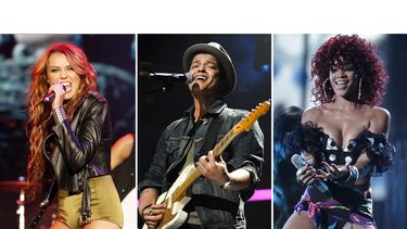Esta combinación de fotos muestra a Miley Cyrus actuando en el festival de música Rock in Rio en Lisboa el 29 de mayo de 2010, a la izquierda, a Bruno Mars actuando en el concierto Z100 Jingle Ball en Nueva York el 10 de diciembre de 2010, en el centro, y a Rihanna actuando en los American Music Awards el 21 de noviembre de 2010. (Foto AP)