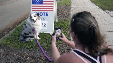 Susan Finan le toma una foto a su perra, Daisey, mientras espera a que su hija vote en la escuela secundaria Glenridge, el martes 5 de noviembre de 2024, en Orlando, Florida. (AP Foto/John Raoux)