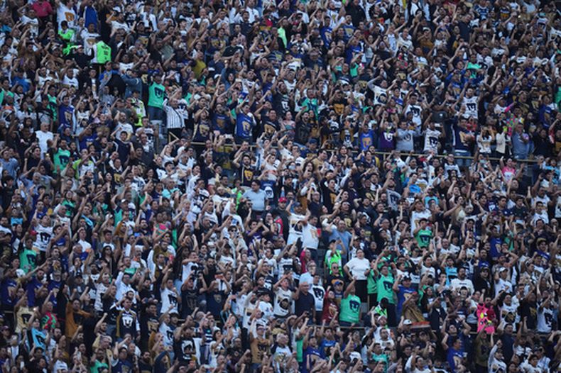 Aficionados de Pumas alientan a su equipo durante el partido de vuelta de las semifinales de México ante Pachuca, el domingo 17 de mayo de 2026 (AP Foto/Eduardo Verdugo)