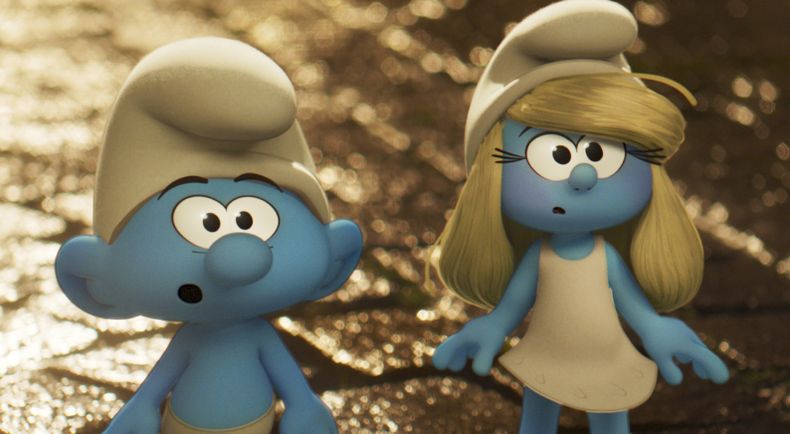 Esta imagen publicada por Paramount Animation muestra a Sin Nombre, con la voz de James Corden, a la izquierda, y Pitufina, con la voz de Rihanna en una escena de Smurfs. (Paramount Animation via AP)